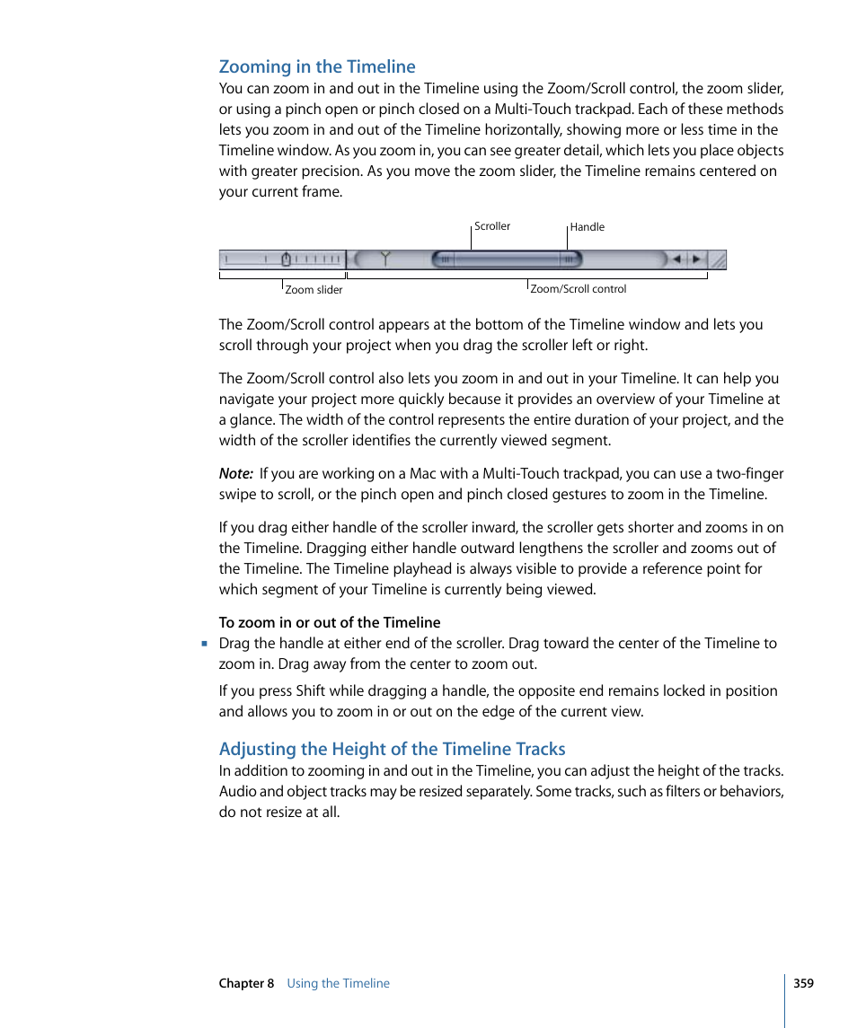 Zooming in the timeline, Adjusting the height of the timeline tracks | Apple Motion 4 User Manual | Page 359 / 1498