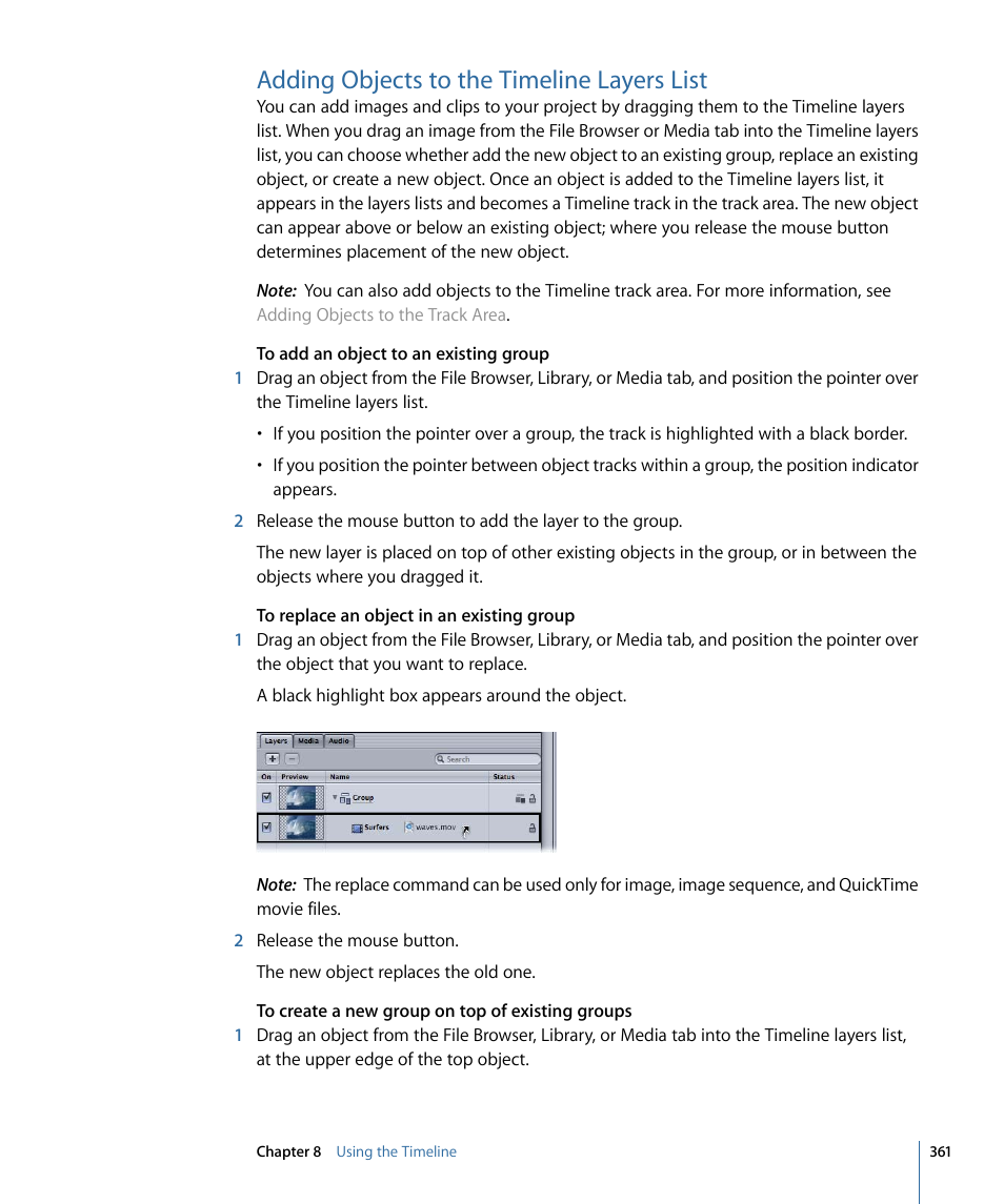 Adding objects to the timeline layers list | Apple Motion 4 User Manual | Page 361 / 1498