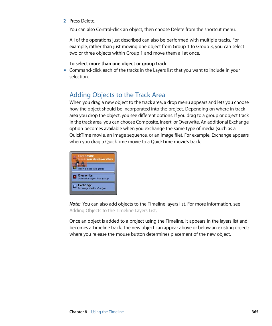 Adding objects to the track area | Apple Motion 4 User Manual | Page 365 / 1498
