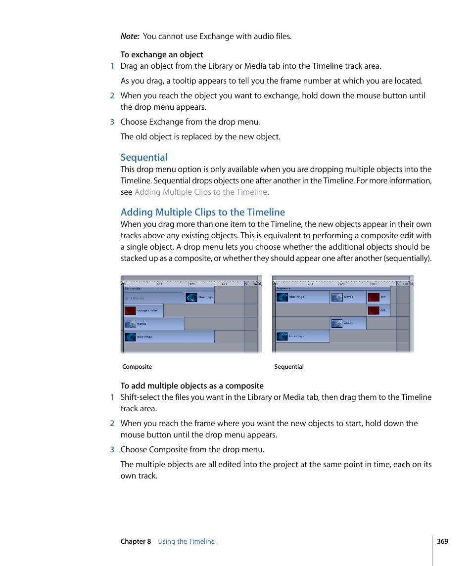 Sequential, Adding multiple clips to the timeline | Apple Motion 4 User Manual | Page 369 / 1498