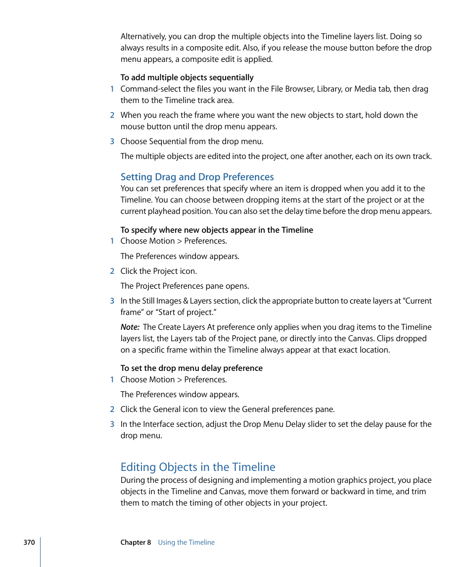 Setting drag and drop preferences, Editing objects in the timeline | Apple Motion 4 User Manual | Page 370 / 1498