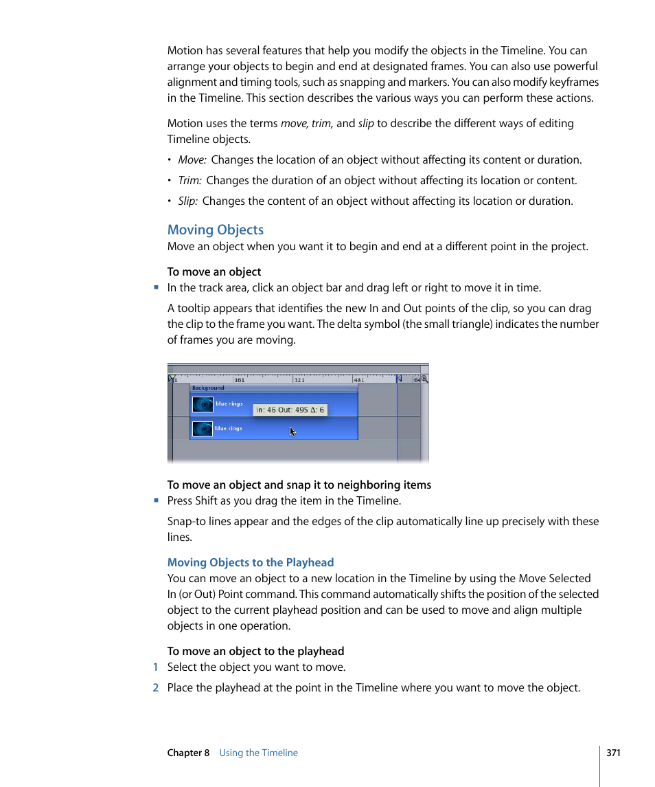 Moving objects, Moving objects to the playhead | Apple Motion 4 User Manual | Page 371 / 1498