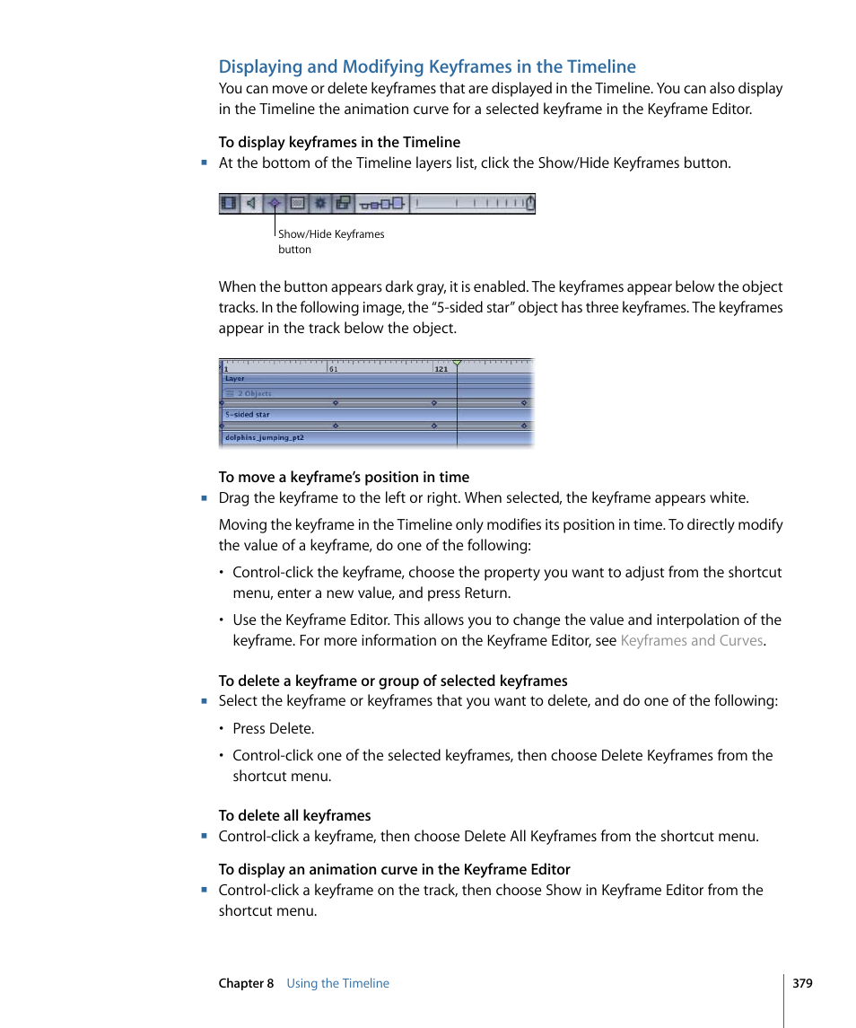 Displaying and modifying keyframes in the timeline | Apple Motion 4 User Manual | Page 379 / 1498