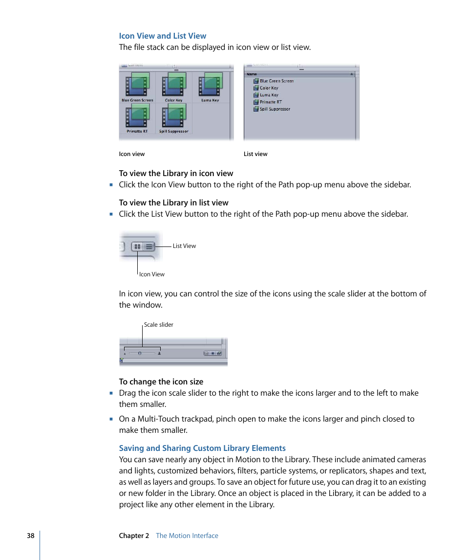 Icon view and list view, Saving and sharing custom library elements | Apple Motion 4 User Manual | Page 38 / 1498