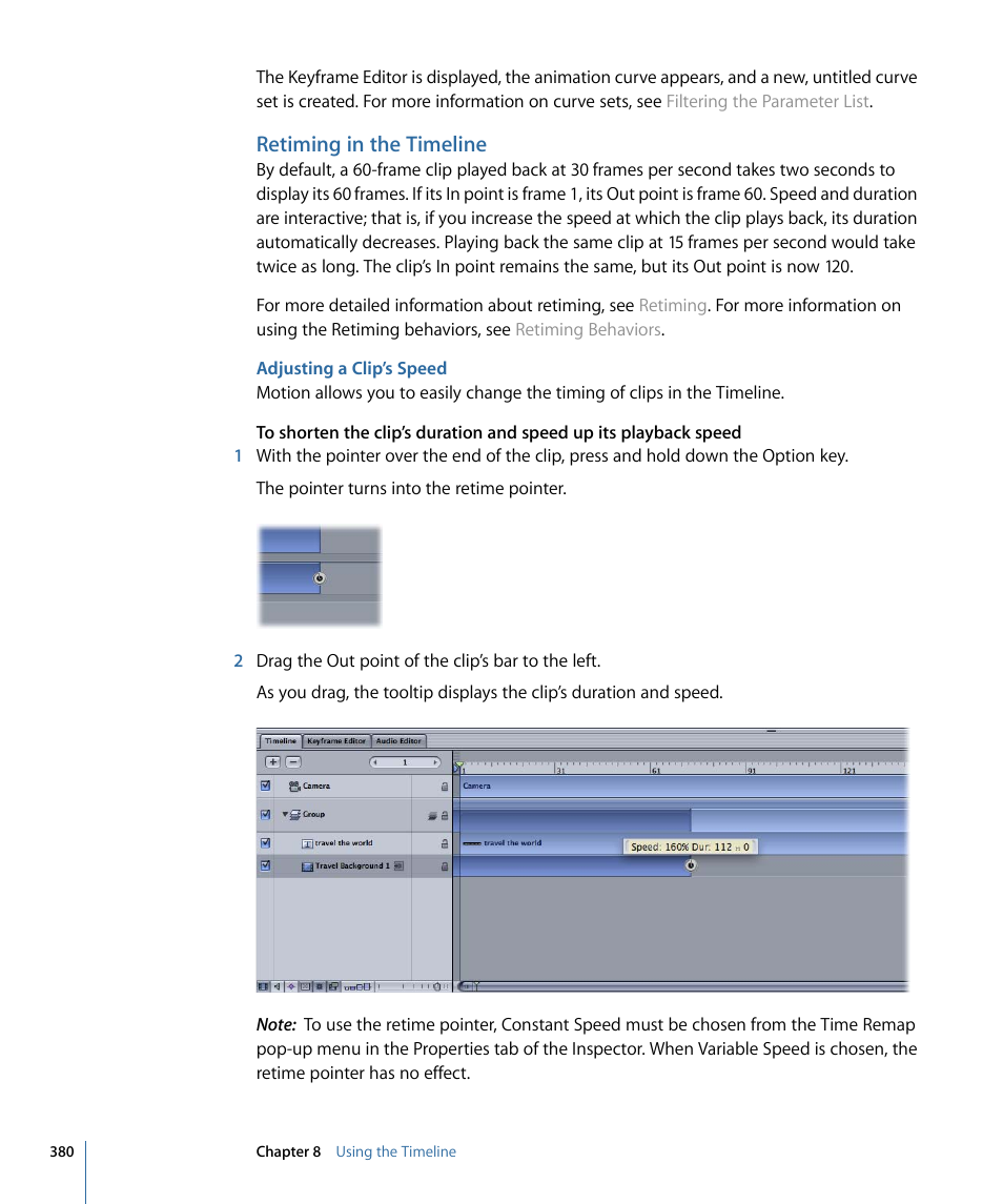 Retiming in the timeline, Adjusting a clip’s speed | Apple Motion 4 User Manual | Page 380 / 1498