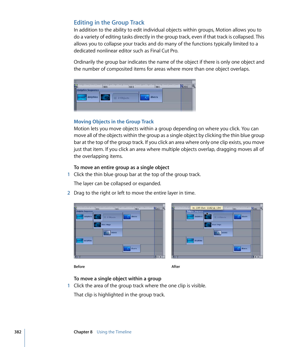 Editing in the group track, Moving objects in the group track | Apple Motion 4 User Manual | Page 382 / 1498