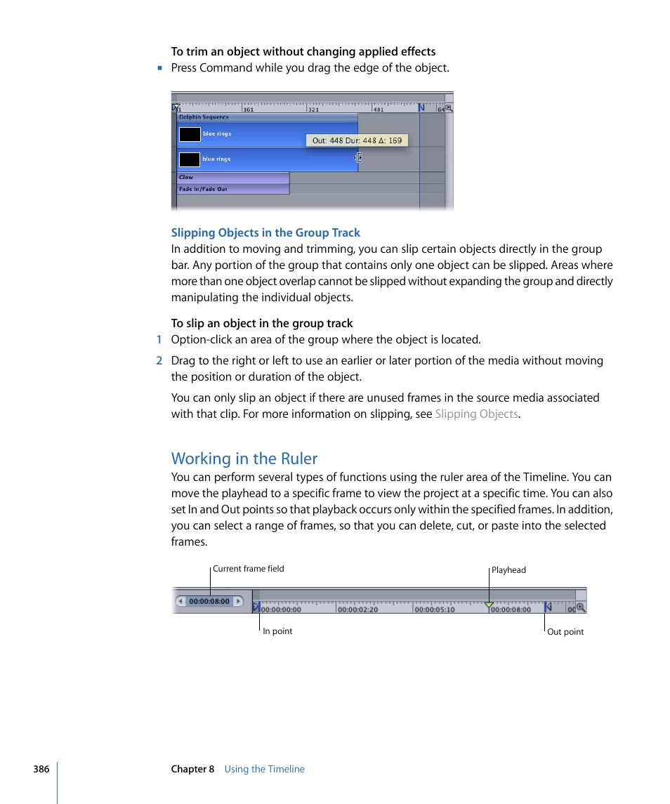 Slipping objects in the group track, Working in the ruler | Apple Motion 4 User Manual | Page 386 / 1498