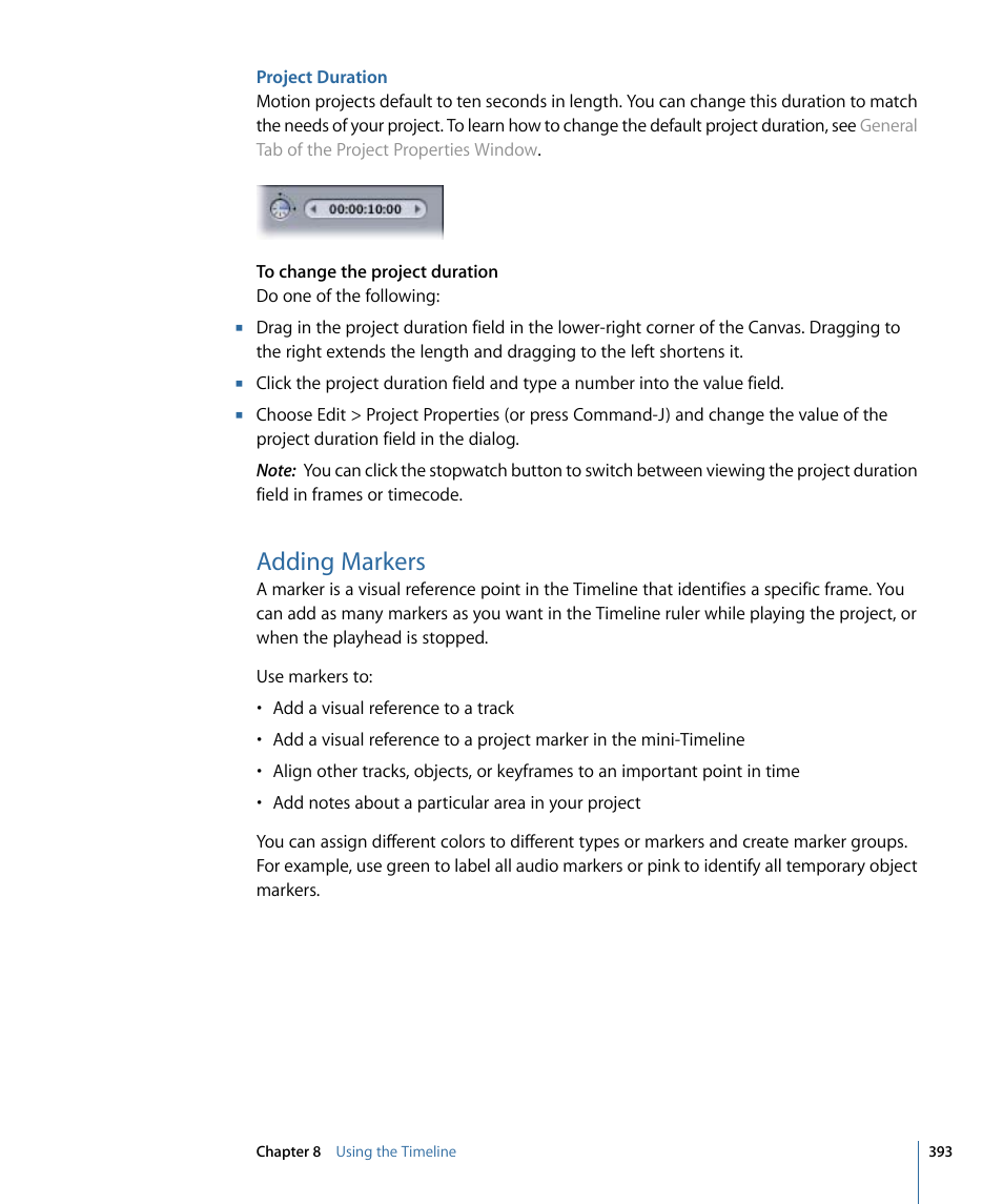 Project duration, Adding markers | Apple Motion 4 User Manual | Page 393 / 1498