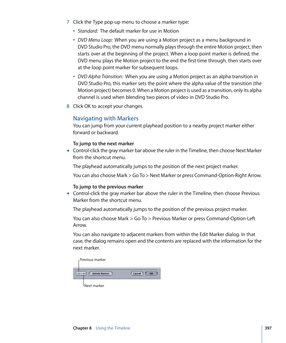 Navigating with markers | Apple Motion 4 User Manual | Page 397 / 1498