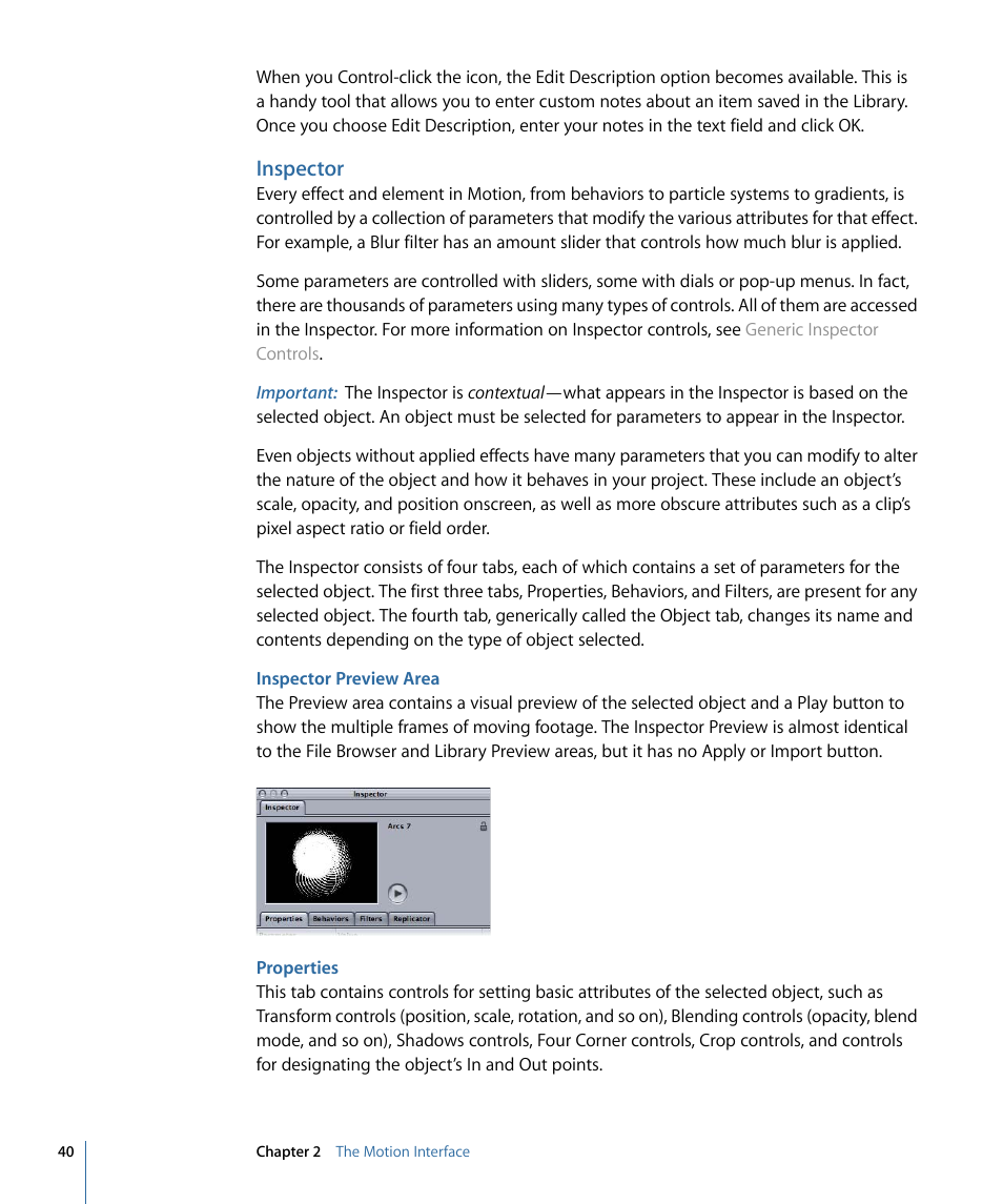 Inspector, Inspector preview area, Properties | Apple Motion 4 User Manual | Page 40 / 1498