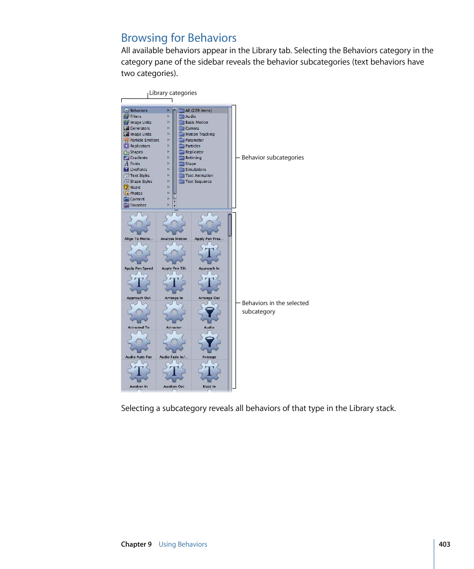 Browsing for behaviors | Apple Motion 4 User Manual | Page 403 / 1498