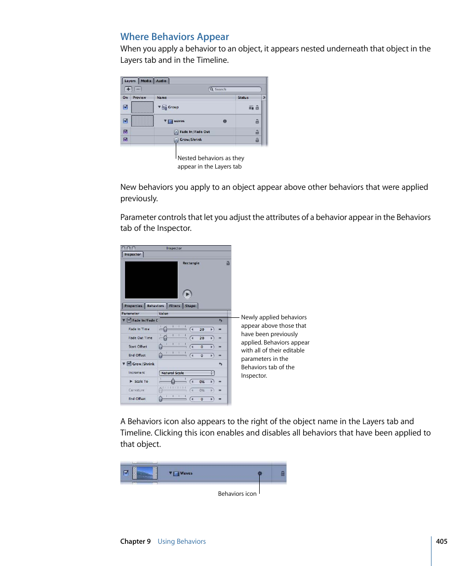 Where behaviors appear | Apple Motion 4 User Manual | Page 405 / 1498