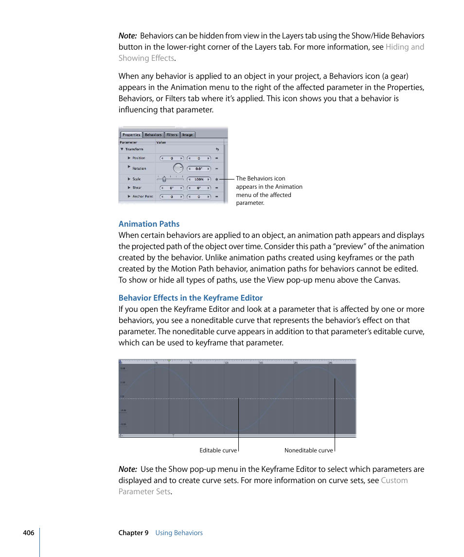 Animation paths, Behavior effects in the keyframe editor | Apple Motion 4 User Manual | Page 406 / 1498