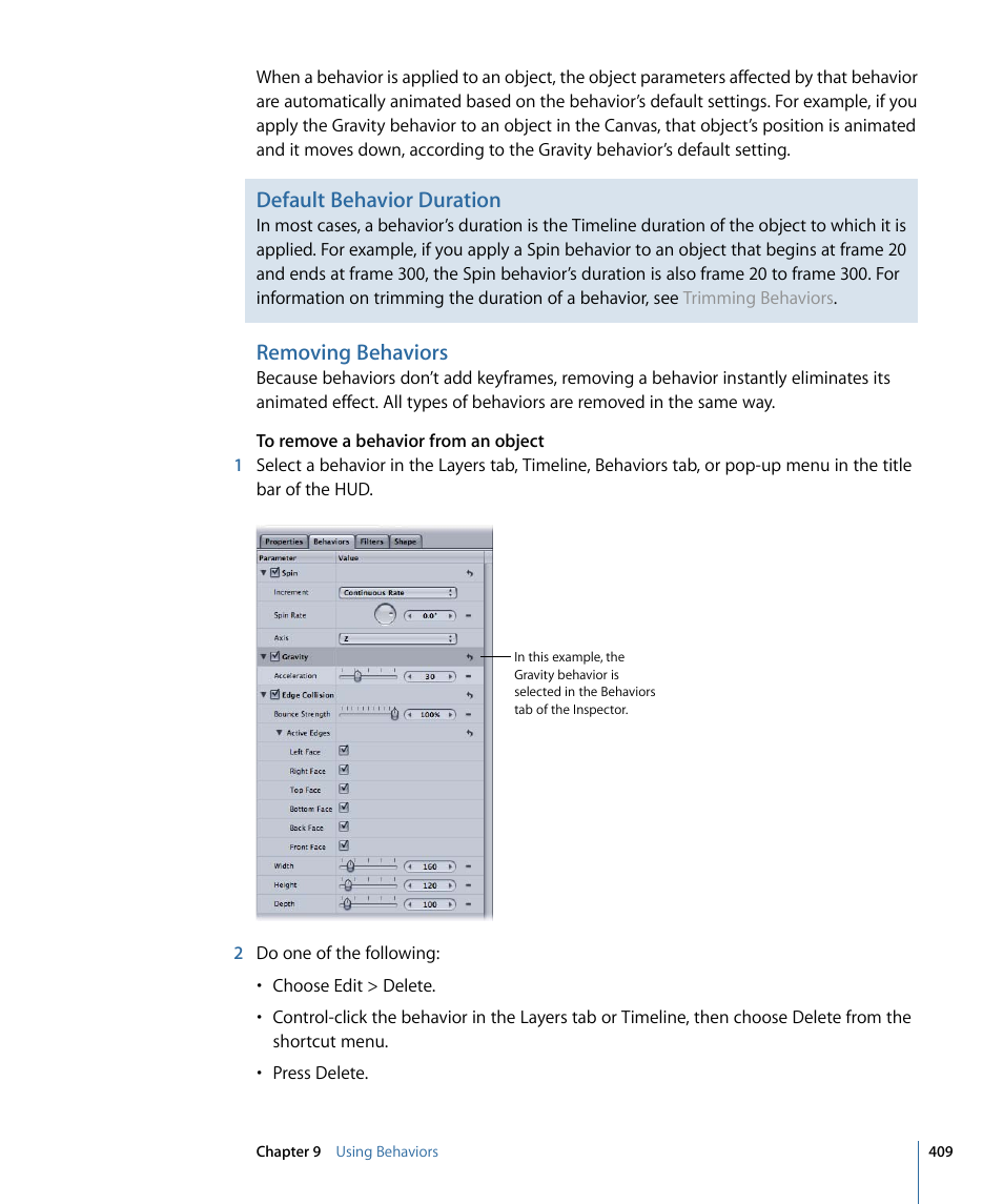 Removing behaviors, Default behavior duration | Apple Motion 4 User Manual | Page 409 / 1498