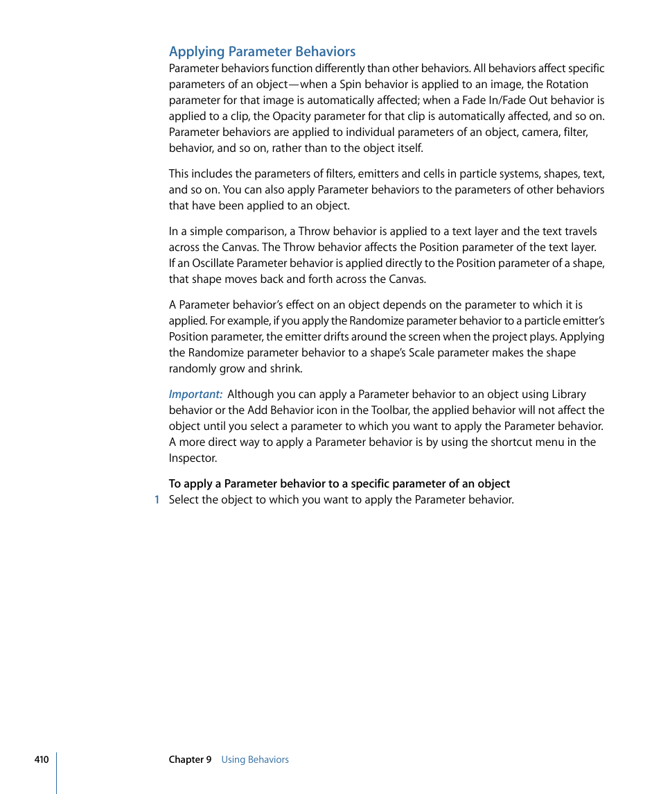 Applying parameter behaviors | Apple Motion 4 User Manual | Page 410 / 1498