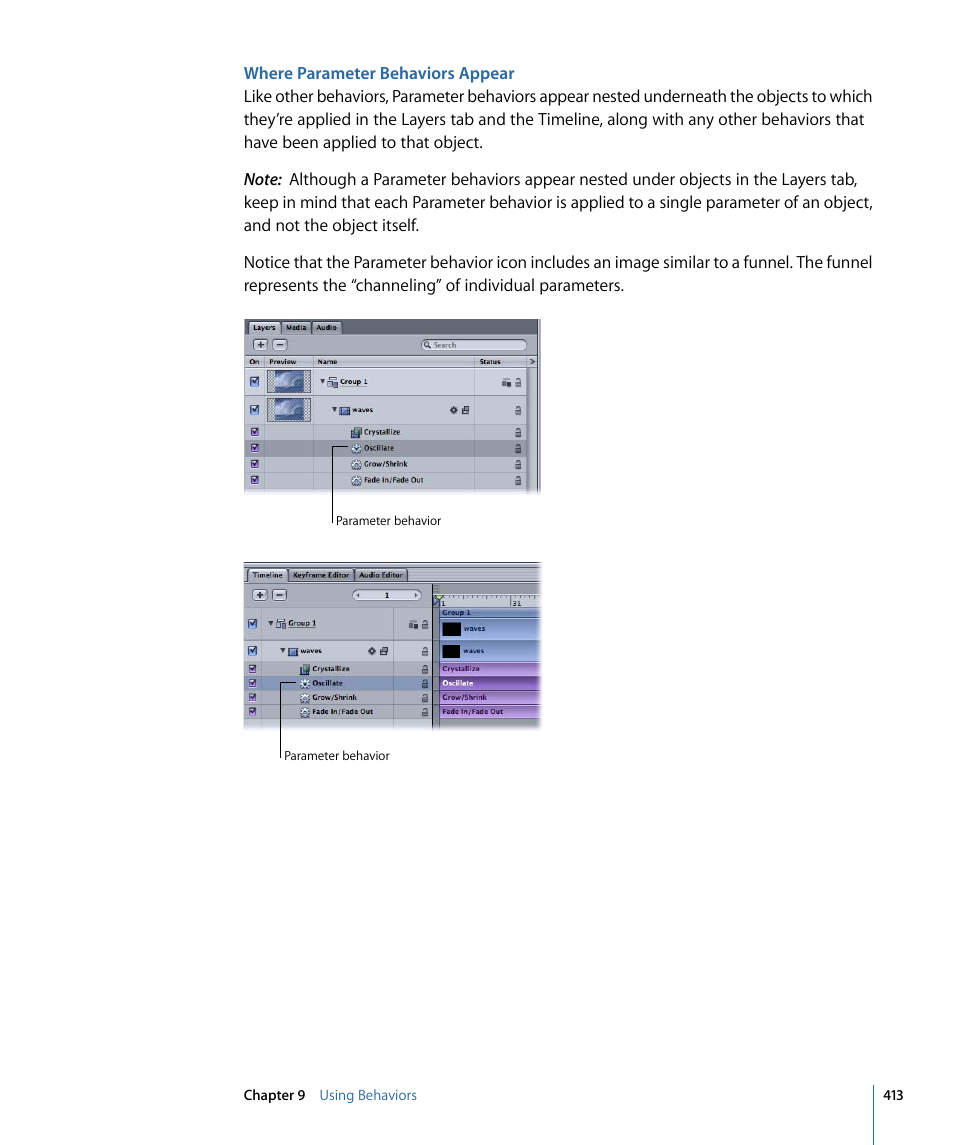 Where parameter behaviors appear | Apple Motion 4 User Manual | Page 413 / 1498