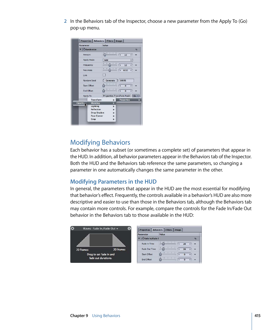 Modifying behaviors, Modifying parameters in the hud | Apple Motion 4 User Manual | Page 415 / 1498