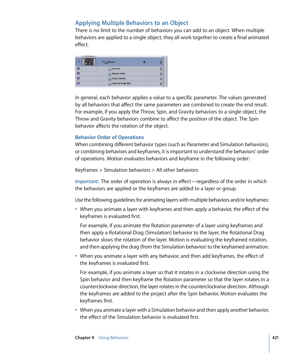 Applying multiple behaviors to an object, Behavior order of operations | Apple Motion 4 User Manual | Page 421 / 1498