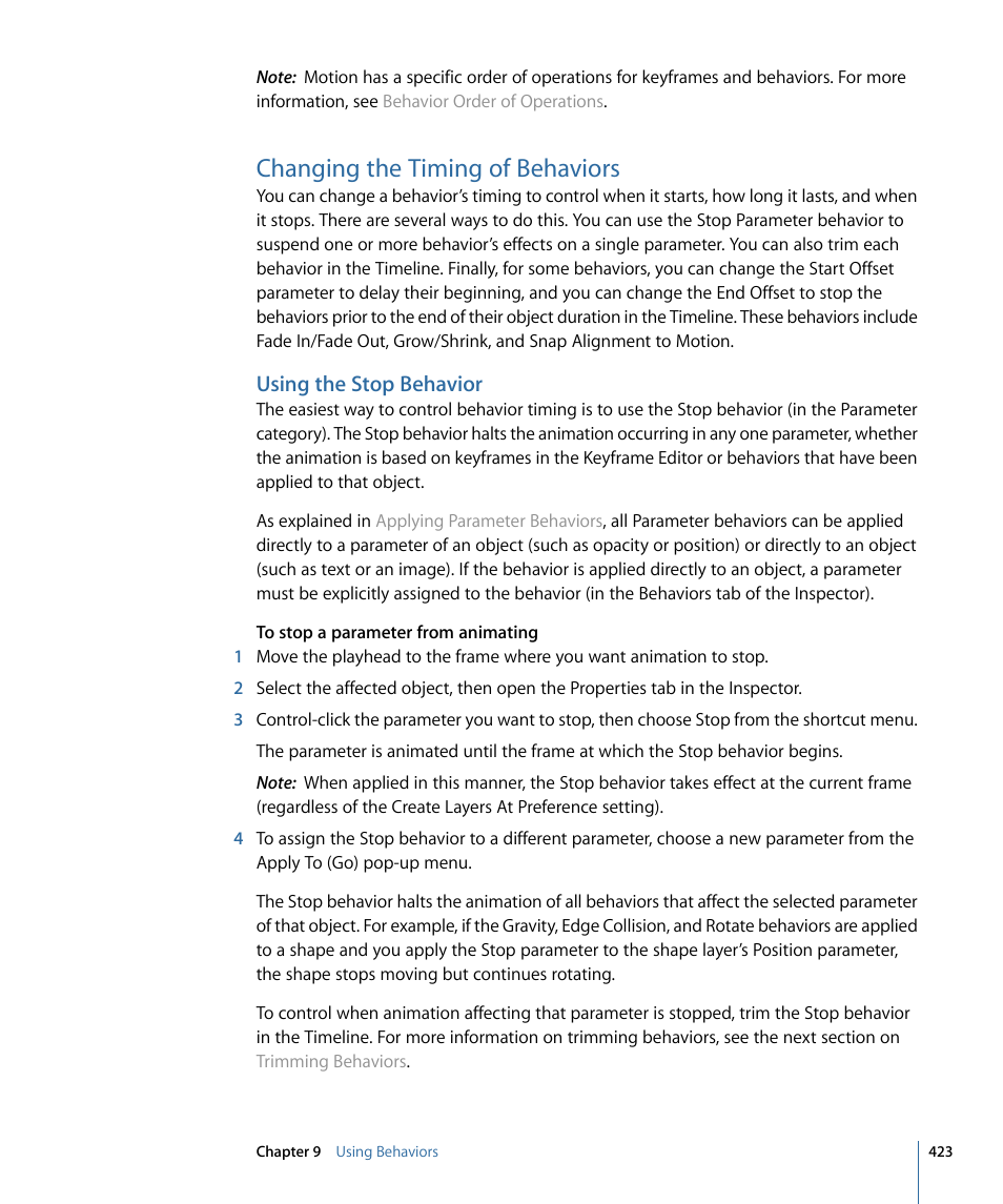 Changing the timing of behaviors, Using the stop behavior | Apple Motion 4 User Manual | Page 423 / 1498