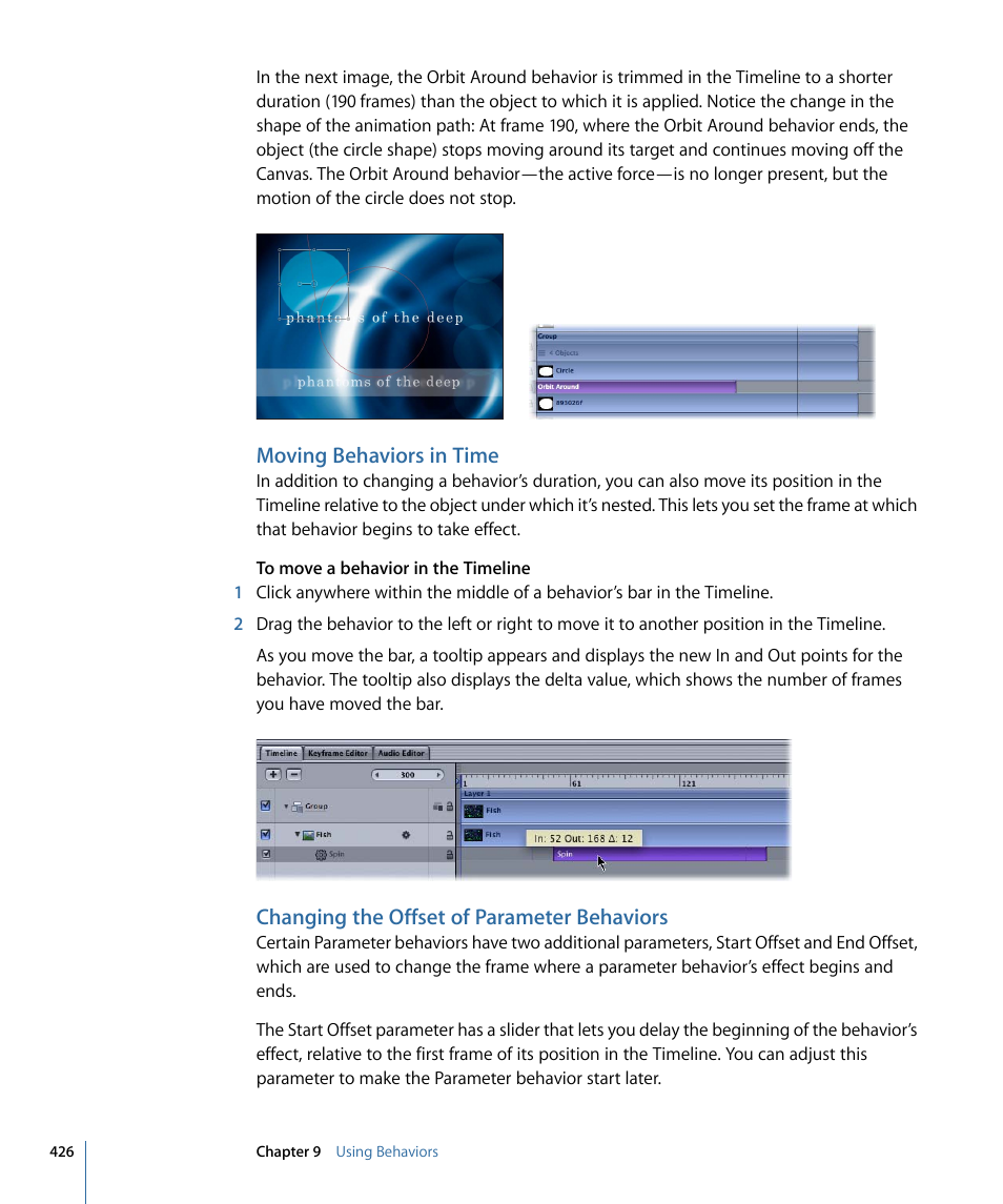 Moving behaviors in time, Changing the offset of parameter behaviors, Changing the offset of parameter | Behaviors | Apple Motion 4 User Manual | Page 426 / 1498