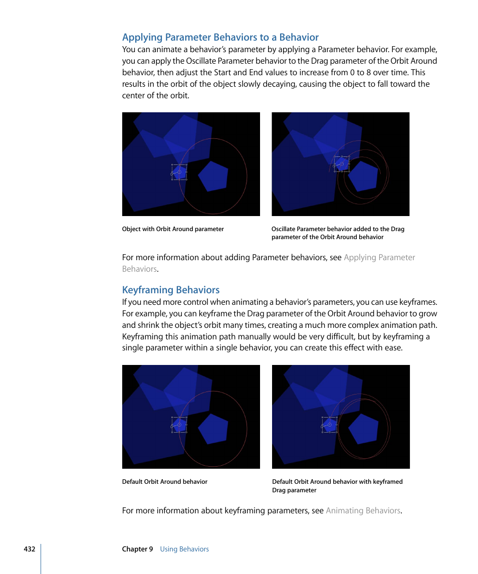 Applying parameter behaviors to a behavior, Keyframing behaviors | Apple Motion 4 User Manual | Page 432 / 1498