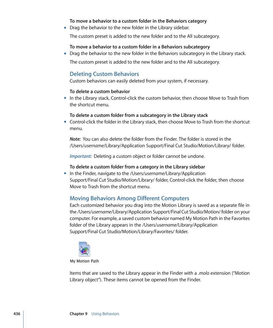 Deleting custom behaviors, Moving behaviors among different computers | Apple Motion 4 User Manual | Page 436 / 1498