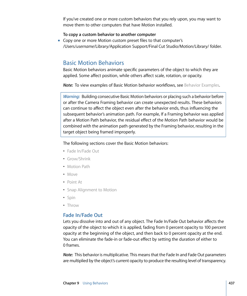 Basic motion behaviors, Fade in/fade out | Apple Motion 4 User Manual | Page 437 / 1498