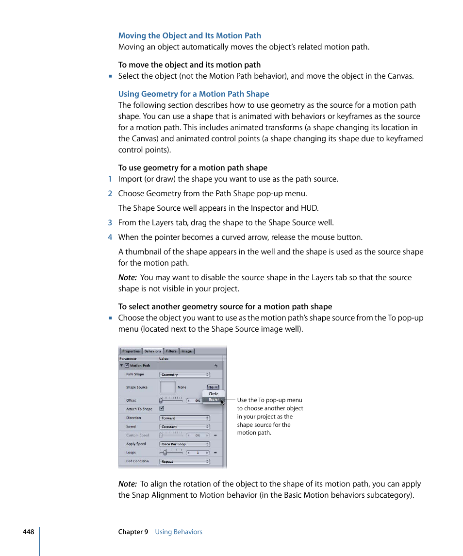 Moving the object and its motion path, Using geometry for a motion path shape | Apple Motion 4 User Manual | Page 448 / 1498