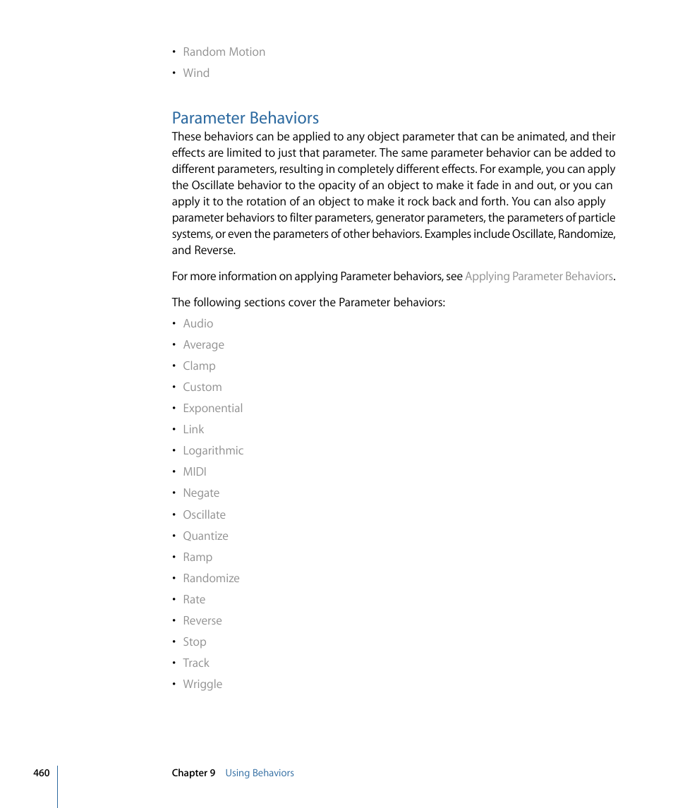 Parameter behaviors | Apple Motion 4 User Manual | Page 460 / 1498