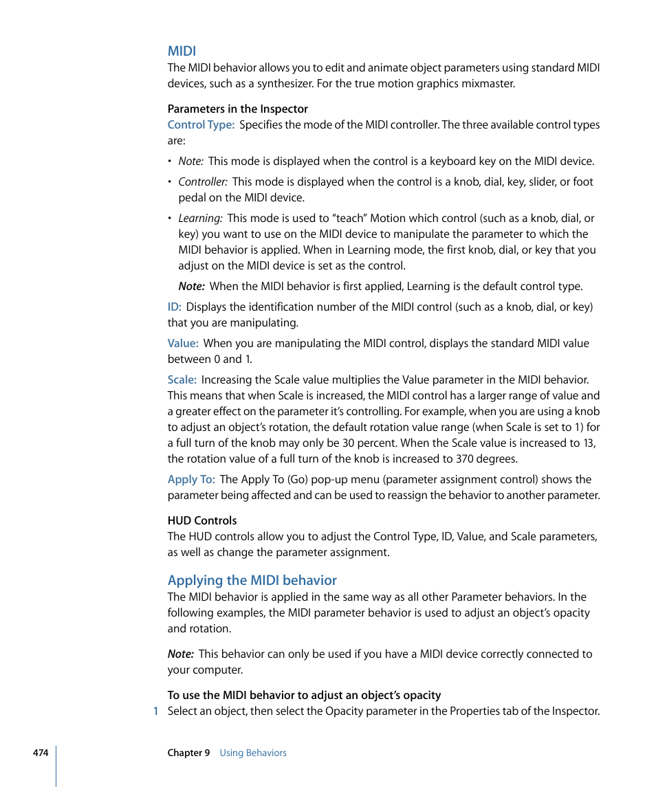 Midi, Applying the midi behavior | Apple Motion 4 User Manual | Page 474 / 1498