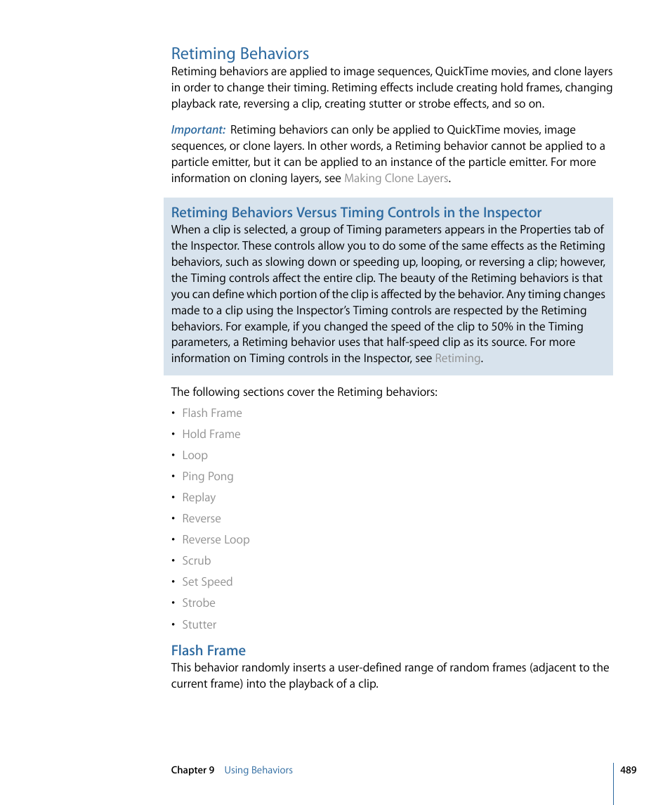 Retiming behaviors, Flash frame, Retiming | Behaviors | Apple Motion 4 User Manual | Page 489 / 1498