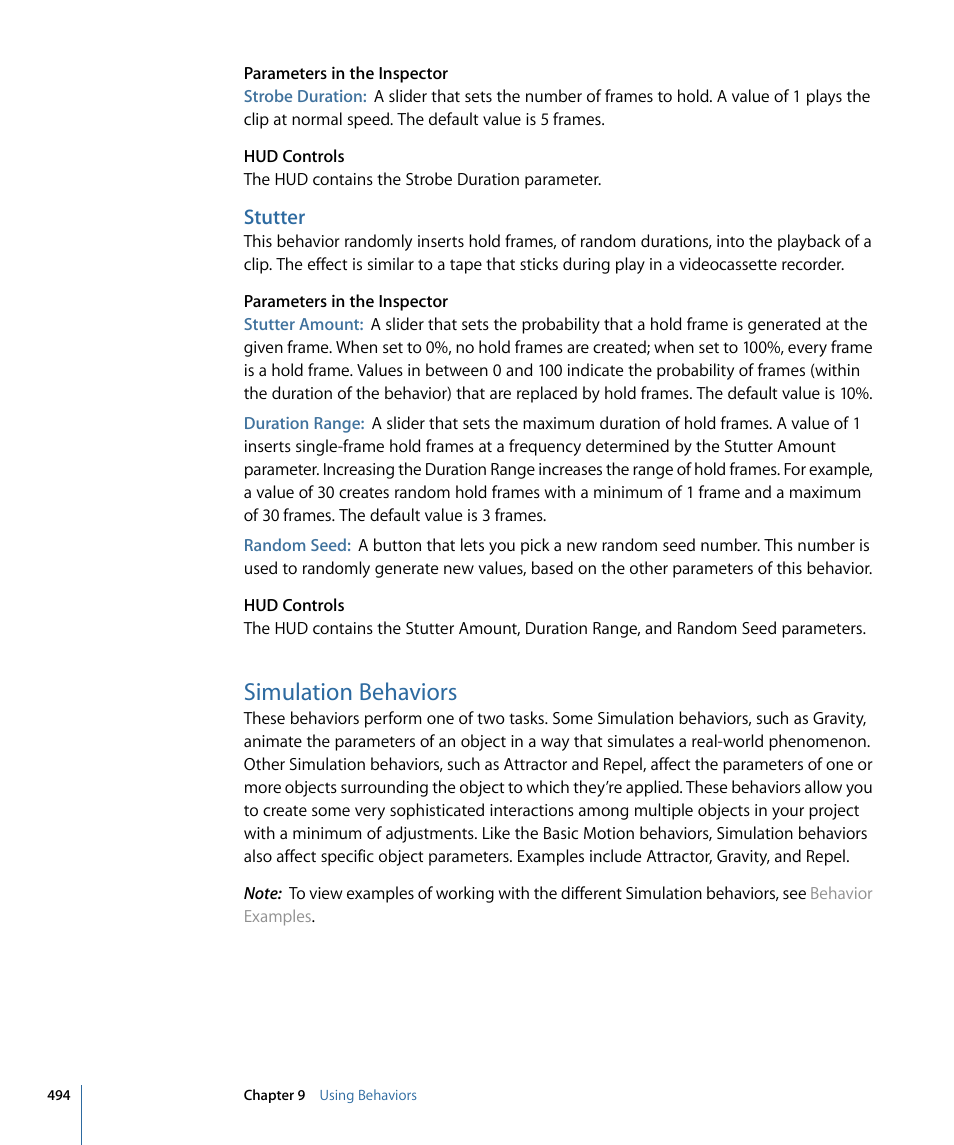 Stutter, Simulation behaviors | Apple Motion 4 User Manual | Page 494 / 1498