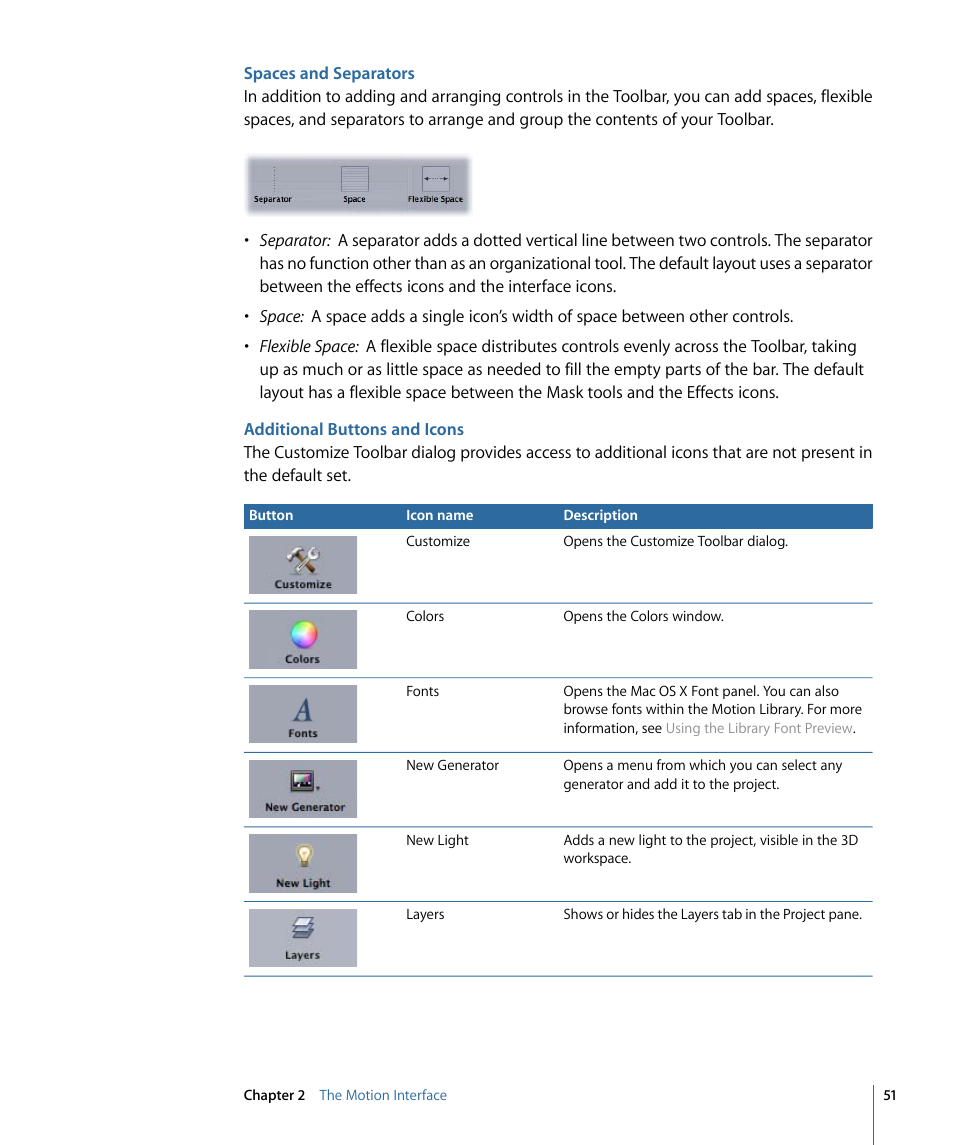 Spaces and separators, Additional buttons and icons | Apple Motion 4 User Manual | Page 51 / 1498