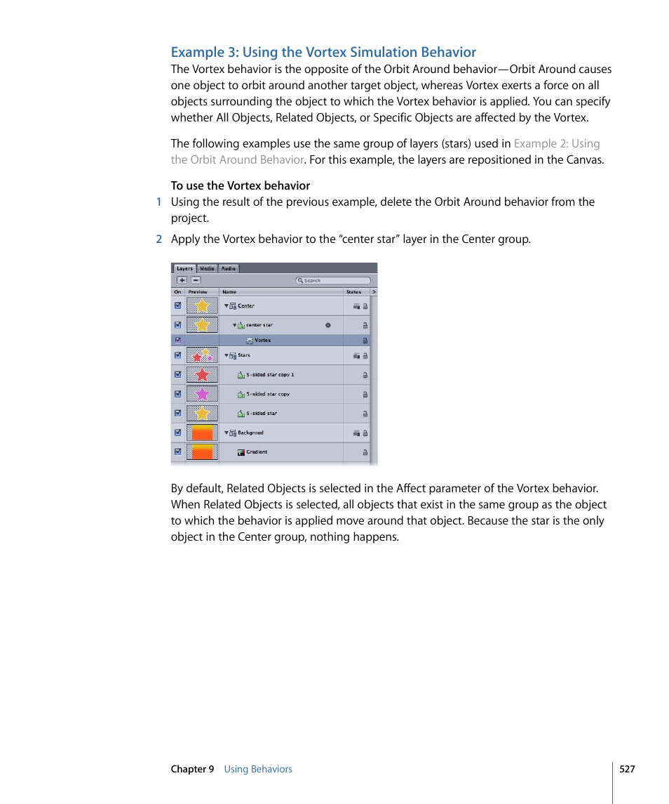 Example 3: using the vortex simulation behavior | Apple Motion 4 User Manual | Page 527 / 1498