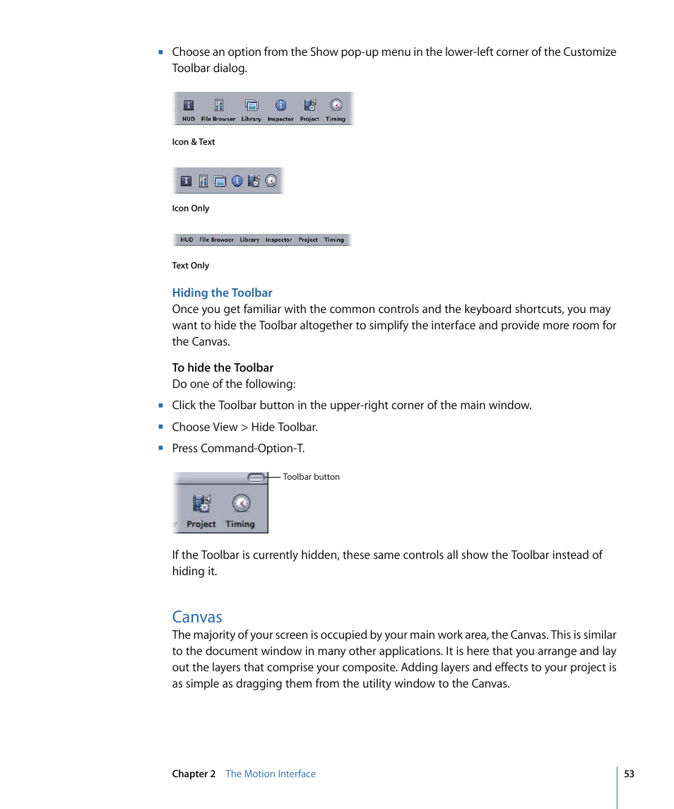 Hiding the toolbar, Canvas | Apple Motion 4 User Manual | Page 53 / 1498