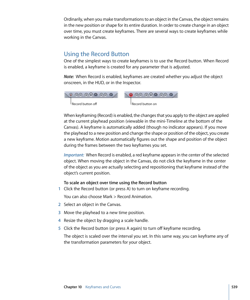 Using the record button | Apple Motion 4 User Manual | Page 539 / 1498