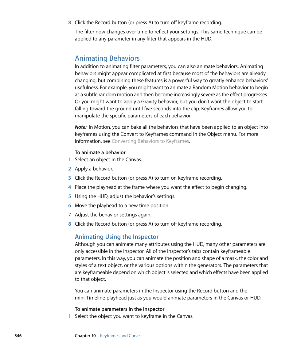 Animating behaviors, Animating using the inspector | Apple Motion 4 User Manual | Page 546 / 1498