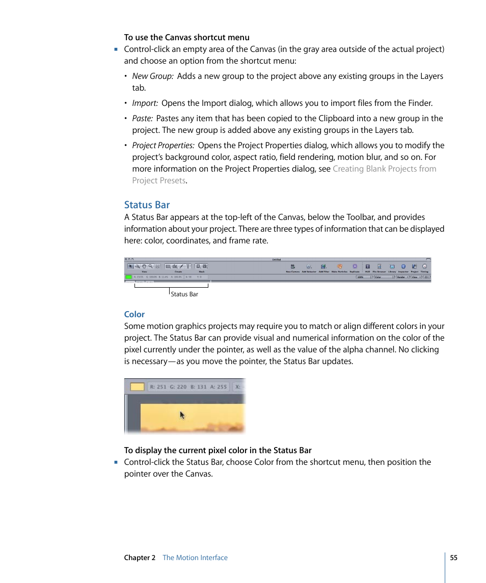 Status bar, Color | Apple Motion 4 User Manual | Page 55 / 1498