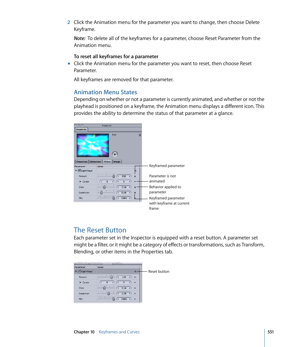 Animation menu states, The reset button | Apple Motion 4 User Manual | Page 551 / 1498