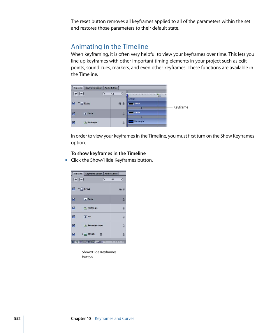 Animating in the timeline | Apple Motion 4 User Manual | Page 552 / 1498