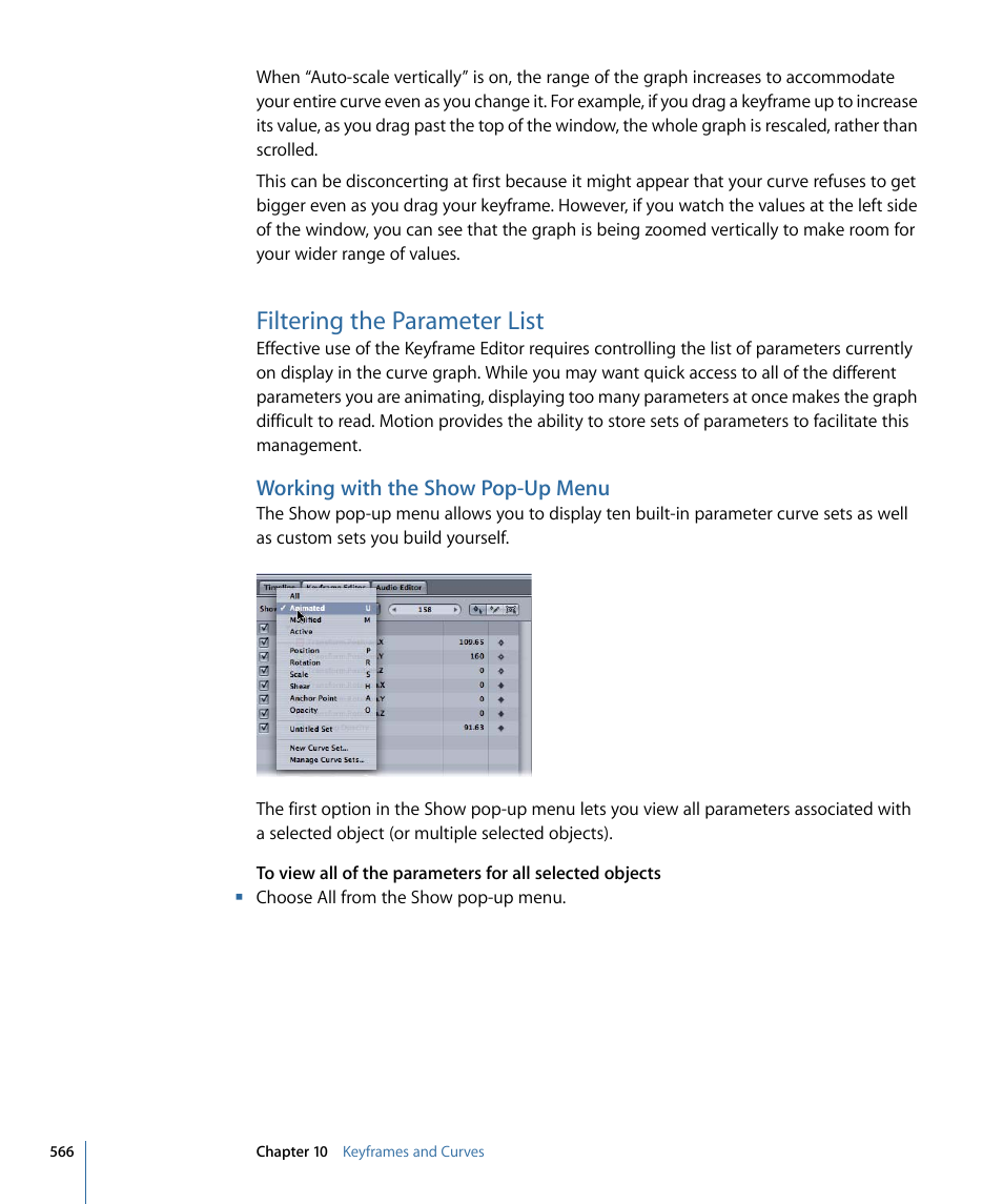 Filtering the parameter list, Working with the show pop-up menu | Apple Motion 4 User Manual | Page 566 / 1498