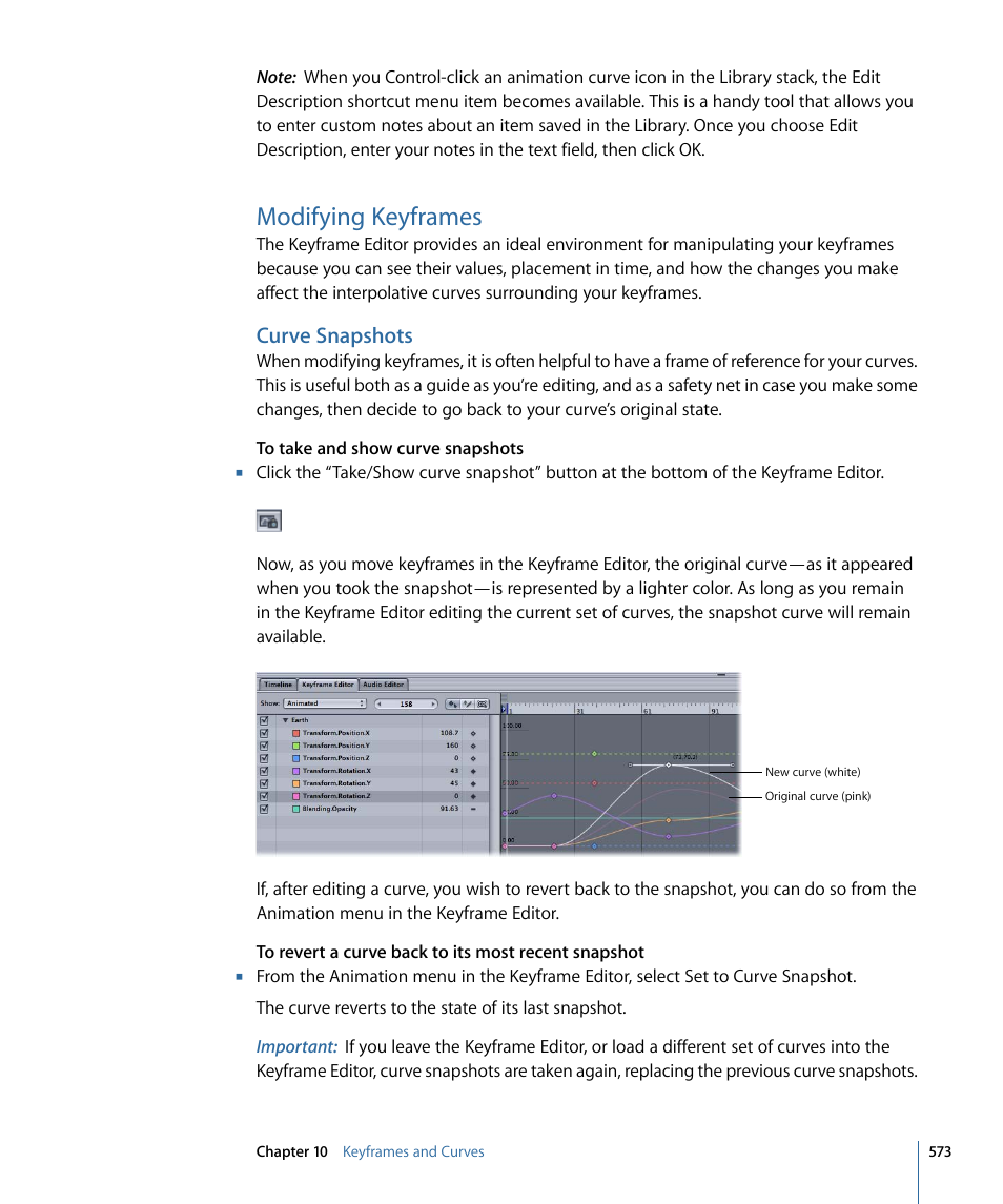 Modifying keyframes, Curve snapshots | Apple Motion 4 User Manual | Page 573 / 1498