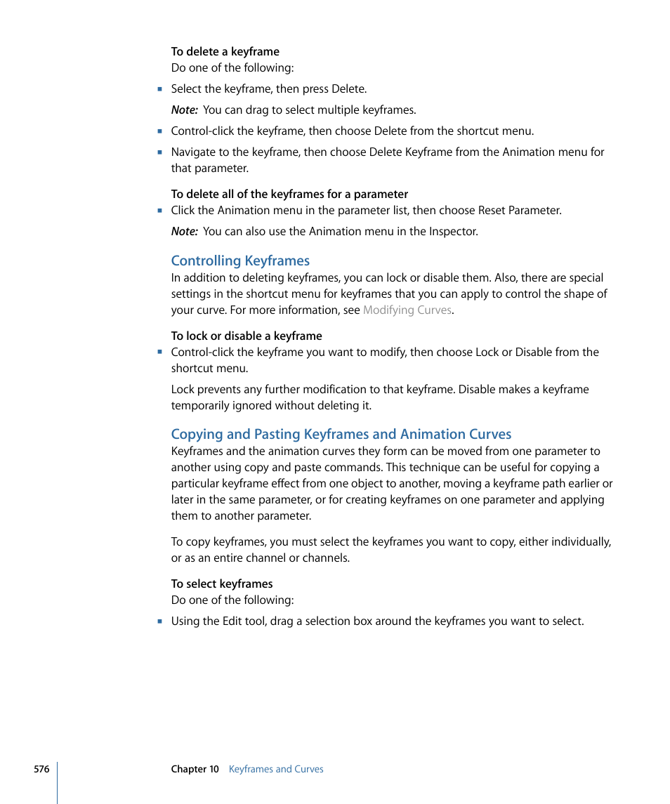 Controlling keyframes, Copying and pasting keyframes and animation curves | Apple Motion 4 User Manual | Page 576 / 1498