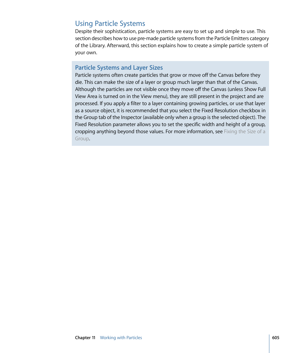 Using particle systems, Particle systems and layer sizes | Apple Motion 4 User Manual | Page 605 / 1498