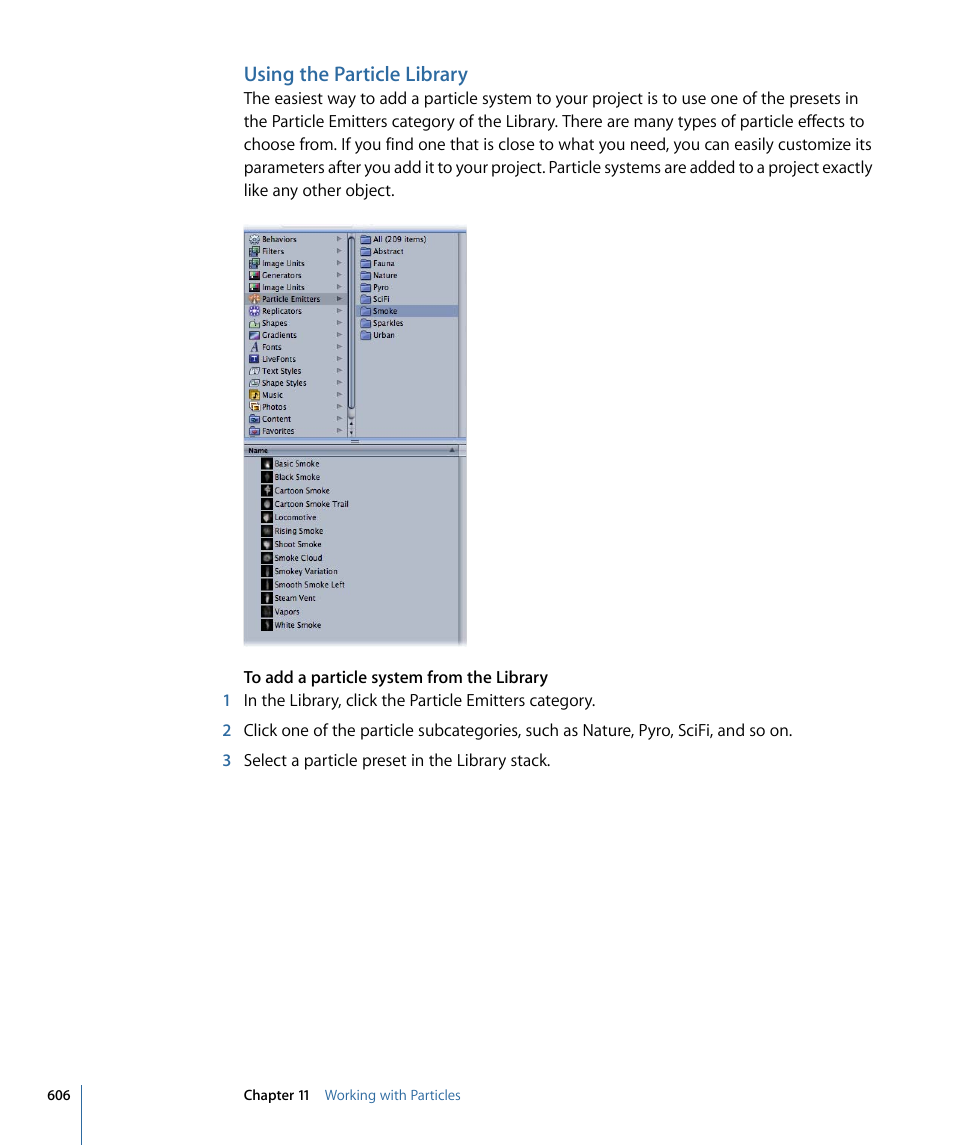 Using the particle library, Using the, Particle library | Apple Motion 4 User Manual | Page 606 / 1498