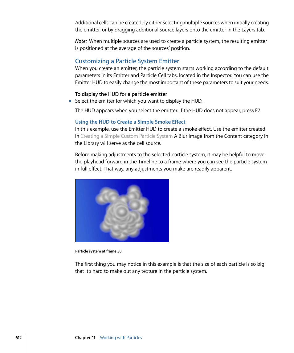 Customizing a particle system emitter, Using the hud to create a simple smoke effect, Customizing a particle | System emitter | Apple Motion 4 User Manual | Page 612 / 1498