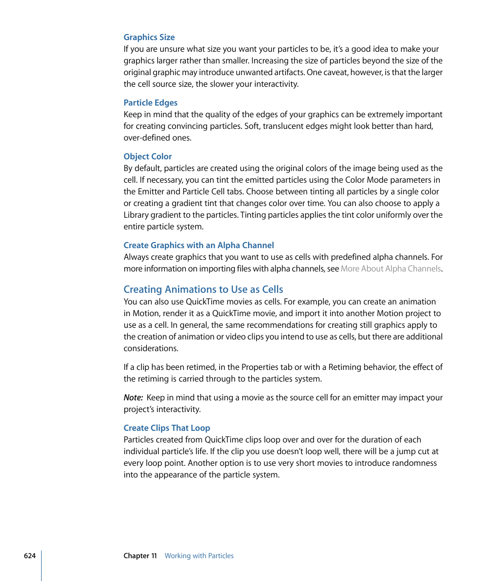 Graphics size, Particle edges, Object color | Create graphics with an alpha channel, Creating animations to use as cells, Create clips that loop | Apple Motion 4 User Manual | Page 624 / 1498