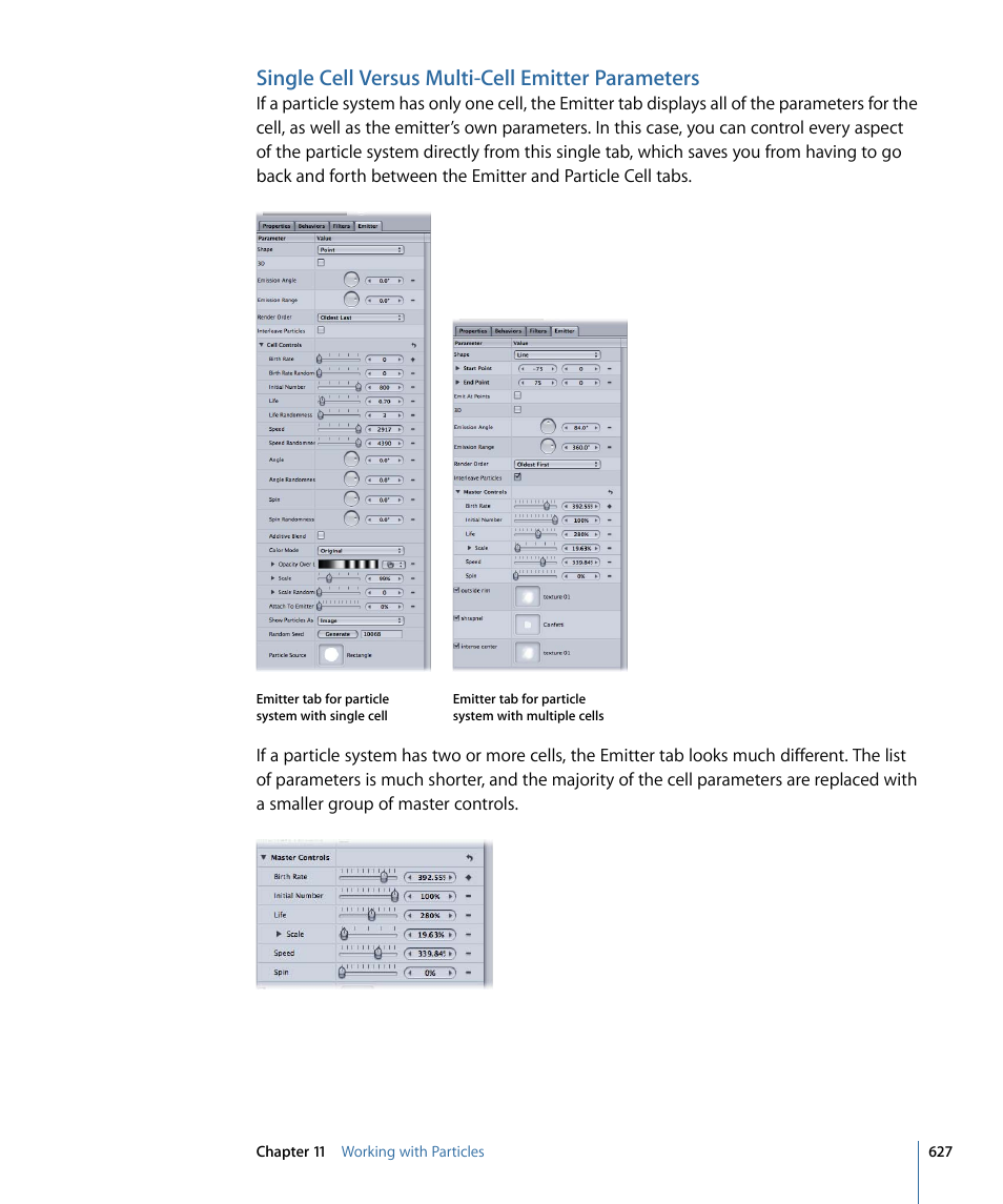 Single cell versus multi-cell emitter parameters | Apple Motion 4 User Manual | Page 627 / 1498