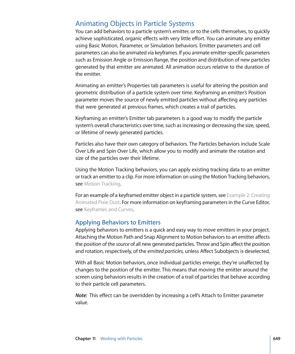 Animating objects in particle systems, Applying behaviors to emitters | Apple Motion 4 User Manual | Page 649 / 1498