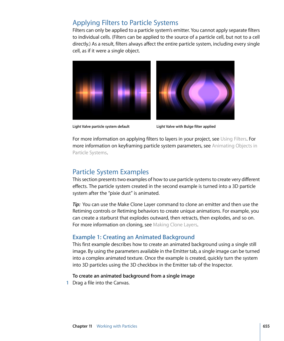 Applying filters to particle systems, Particle system examples, Example 1: creating an animated background | Apple Motion 4 User Manual | Page 655 / 1498